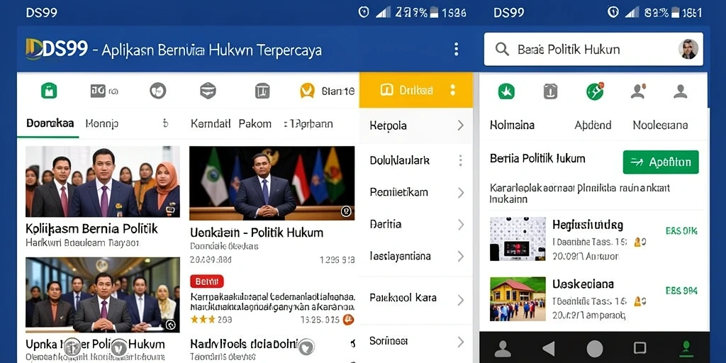 Antarmuka DS99 menampilkan berita politik hukum dengan jelas dan informatif.