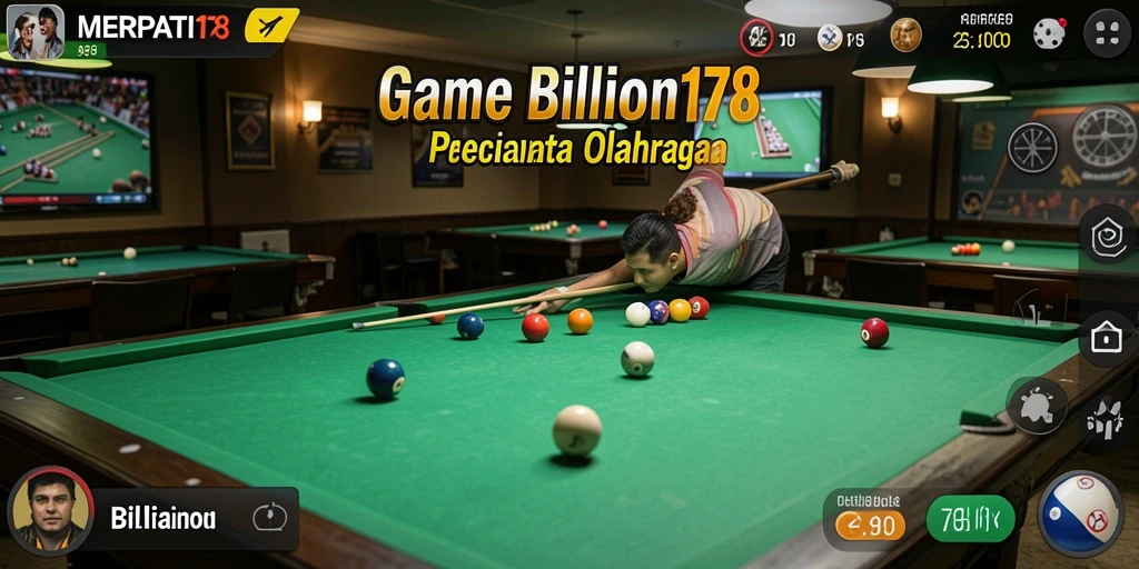 Screenshot antarmuka permainan <strong>MERPATI178</strong> yang menampilkan meja billiard dan karakter.